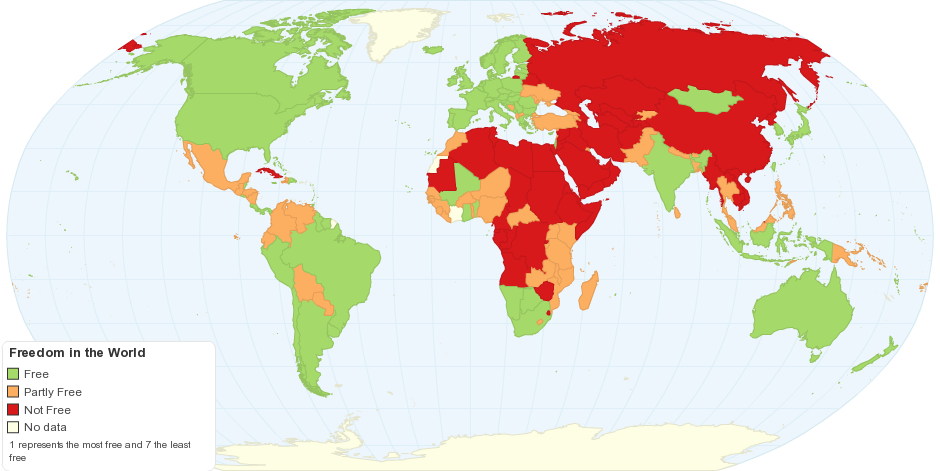 While this Map shows Freedom in the World, there is a Hindu-Brahmin Spirit in a Prison for defending the cause of Freedom and Democracy in the occupied Land of Tibet.