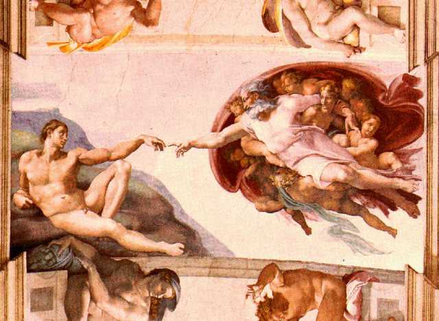 SPIRITUALITY SCIENCE - THE STATUS OF MAN: THE EVIDENCE OF PRECISION GRIP. MICHELANGELO BUONARROTI(1475-1564), ITALIAN SCULPTOR AND PAINTER WORKED ON THE CEILING OF THE SISTINE CHAPEL FROM 1508 TO 1512 TO CREATE THIS VISION OF PRIMORDIAL HUMANITY FOR WHICH THERE IS NO PHYSICAL BASIS IN THE ENVIRONMENT OF HIS LIFETIME. THIS IS THE EVIDENCE FOR A HUMAN ARTIST. IT DEMONSTRATES THE USE OF PRECISION GRIP, THE HUMAN HAND THAT GRASPED THE PAINTING BRUSH THAT CAN DRAW OBJECTS WITOUT DIRECT EXPERIENCE OF SUCH OBJECTS.
